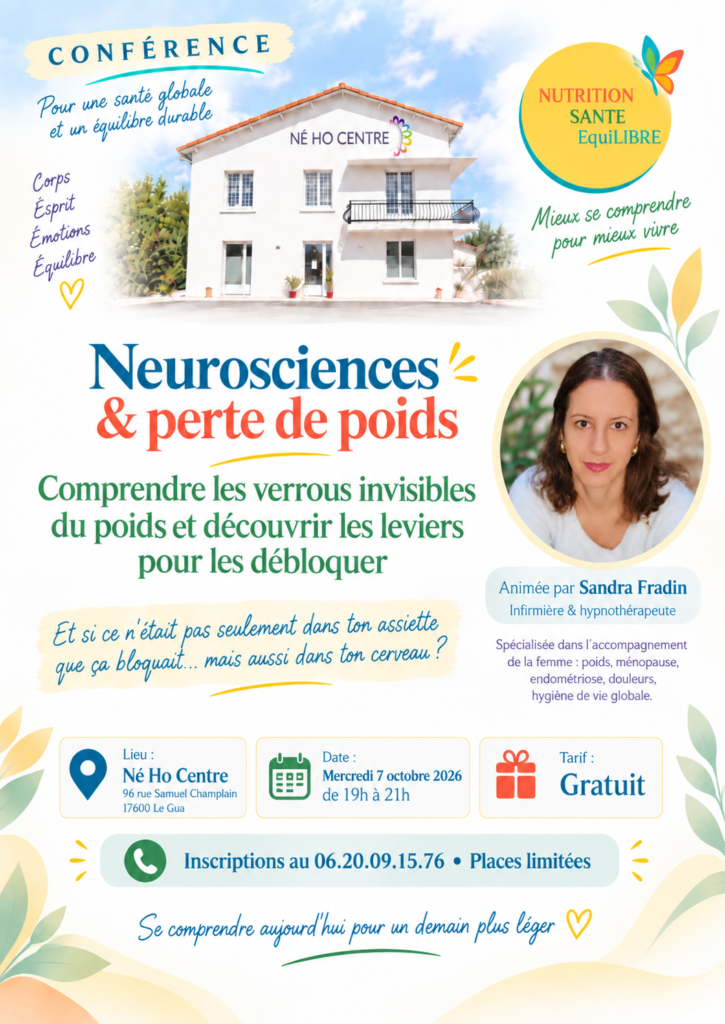 Affiche conférence neurosciences et perte de poids au Né Ho Centre Le Gua avec Sandra Fradin